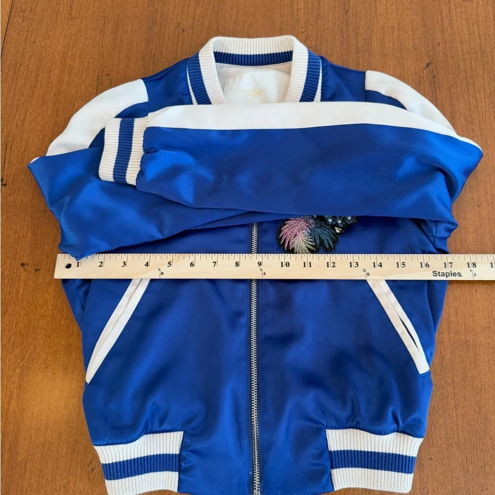 Maje Blue and White Satin Bomber Jacket with Cactus appliqué - Picture 7 of 12